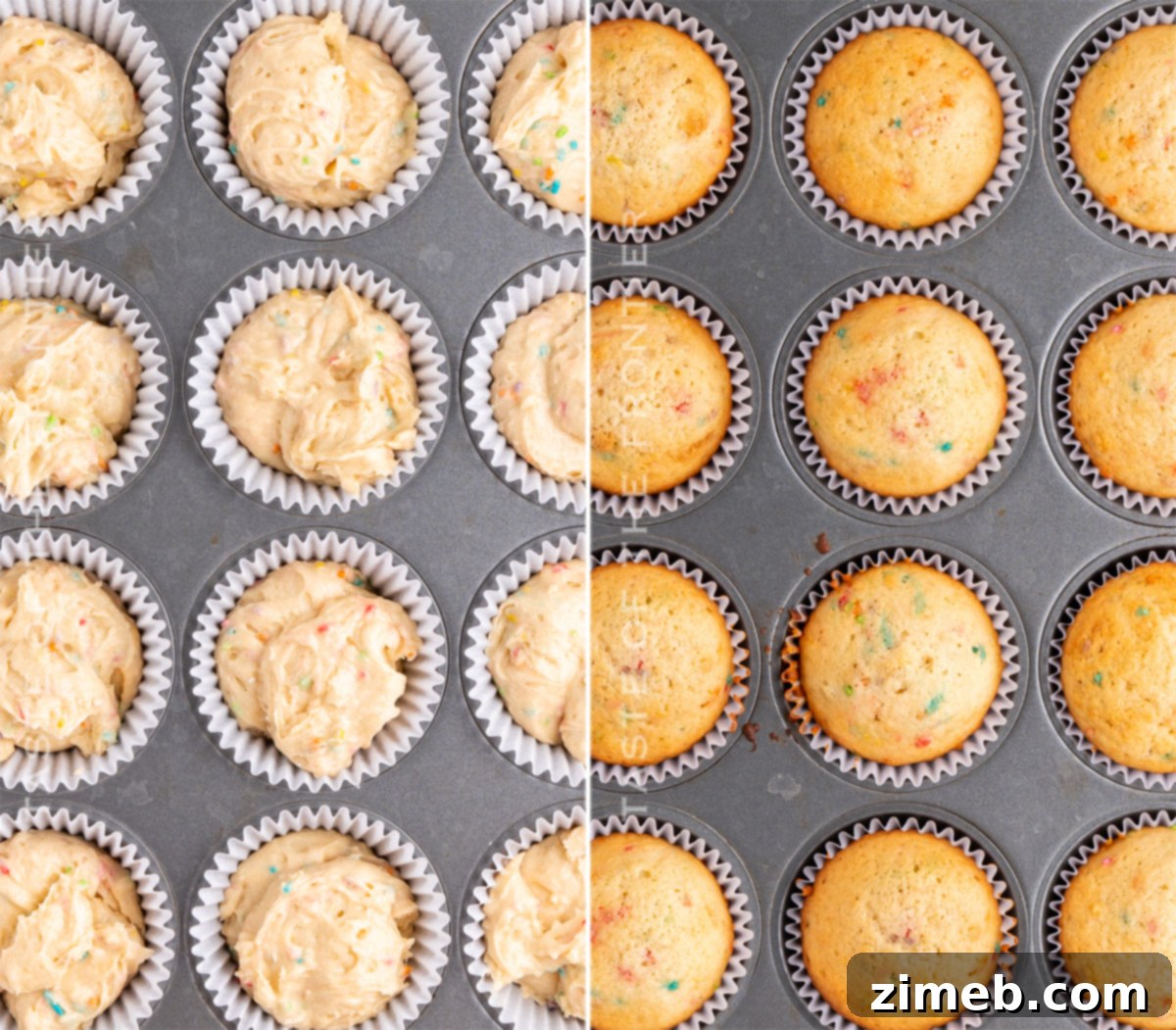 Festive Funfetti Cupcakes 7 Colorful baked cupcakes - a batch of freshly baked vanilla cupcakes ready for frosting