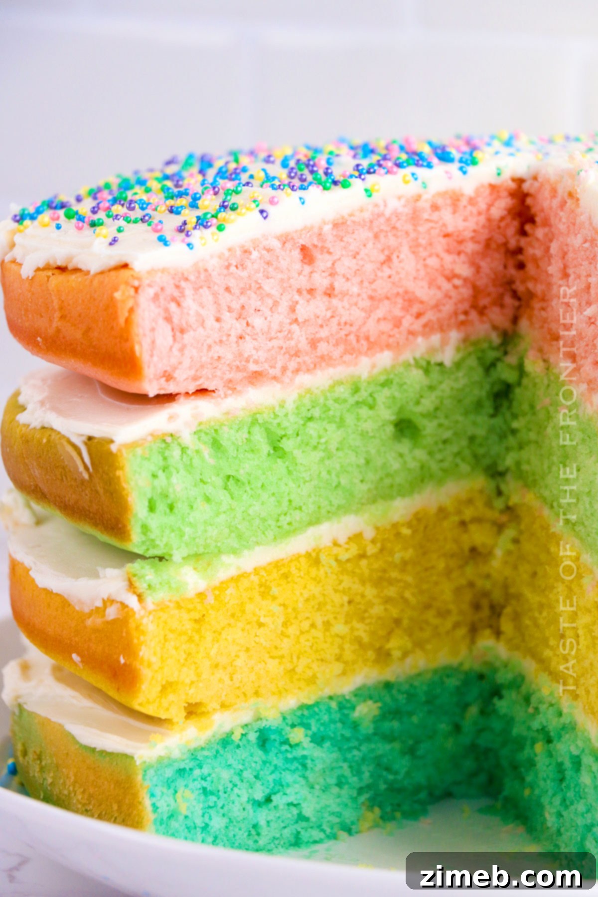 Bake Mom Happy 3 Close-up of a four-layer Mother's Day cake showing colorful sponges