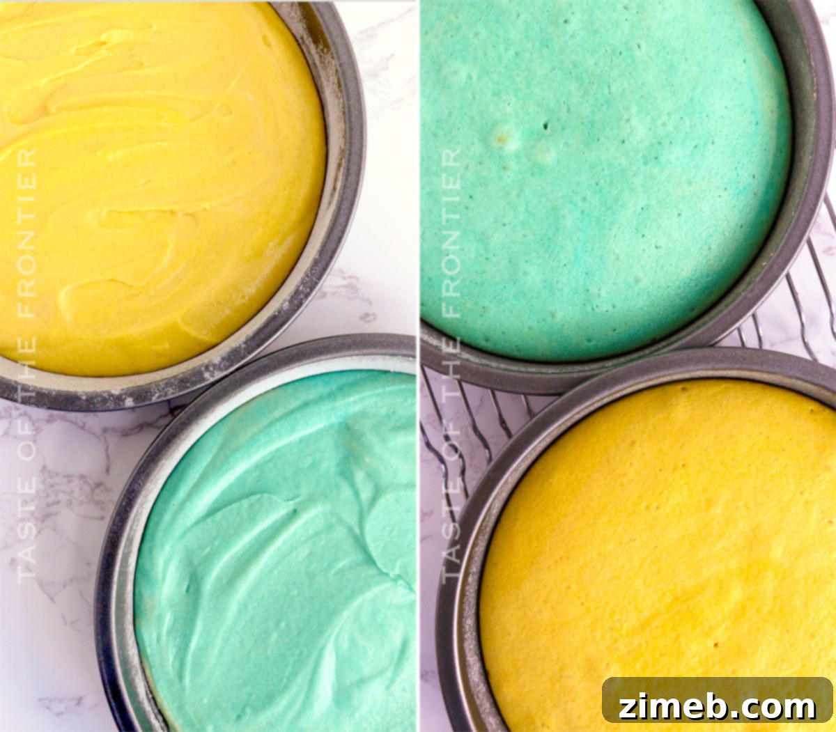 Bake Mom Happy 6 Cake batter in bowls with different food coloring, and baked cake layers