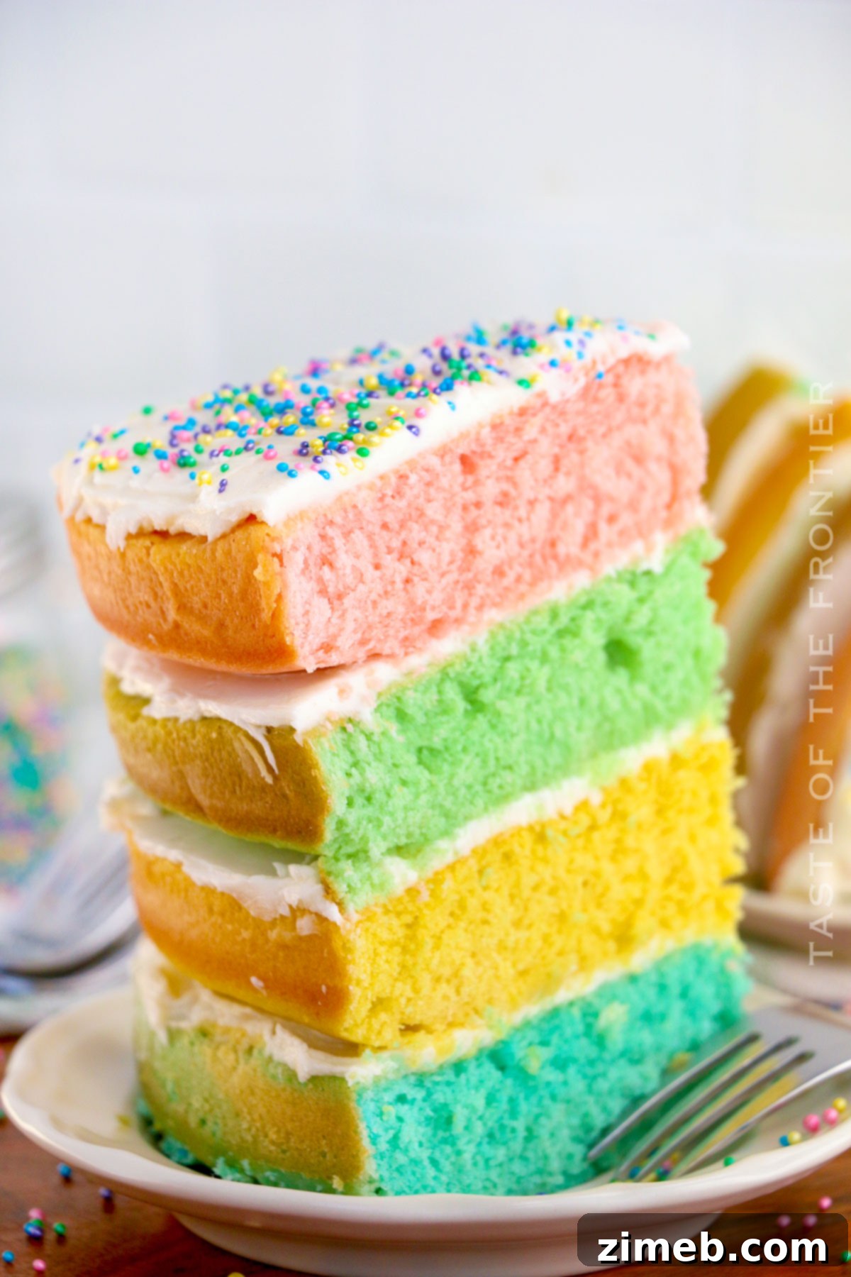 Bake Mom Happy 8 Seven-layer pastel colored cake with sprinkles and floral decorations