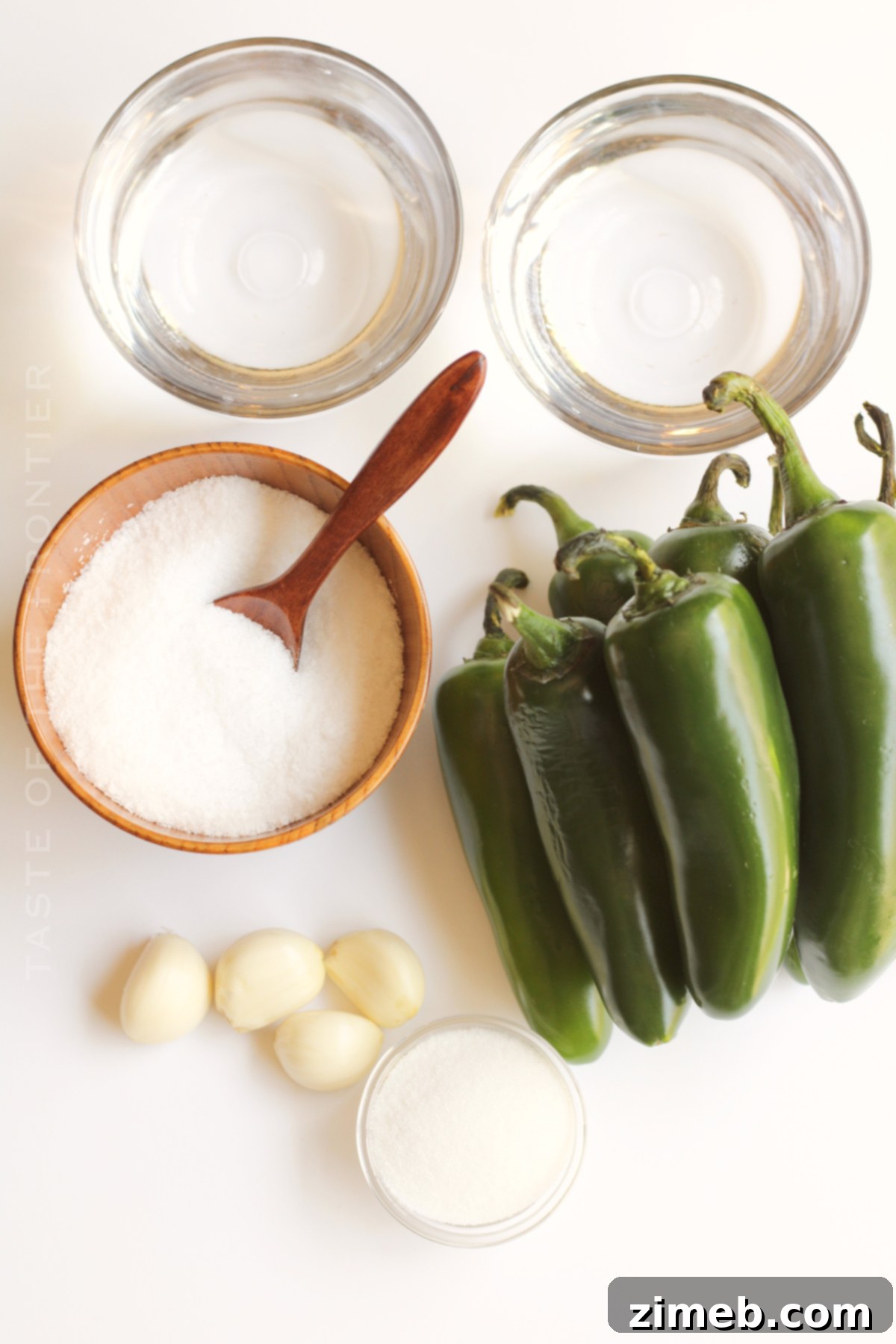 Ingredients laid out for making quick pickled jalapenos