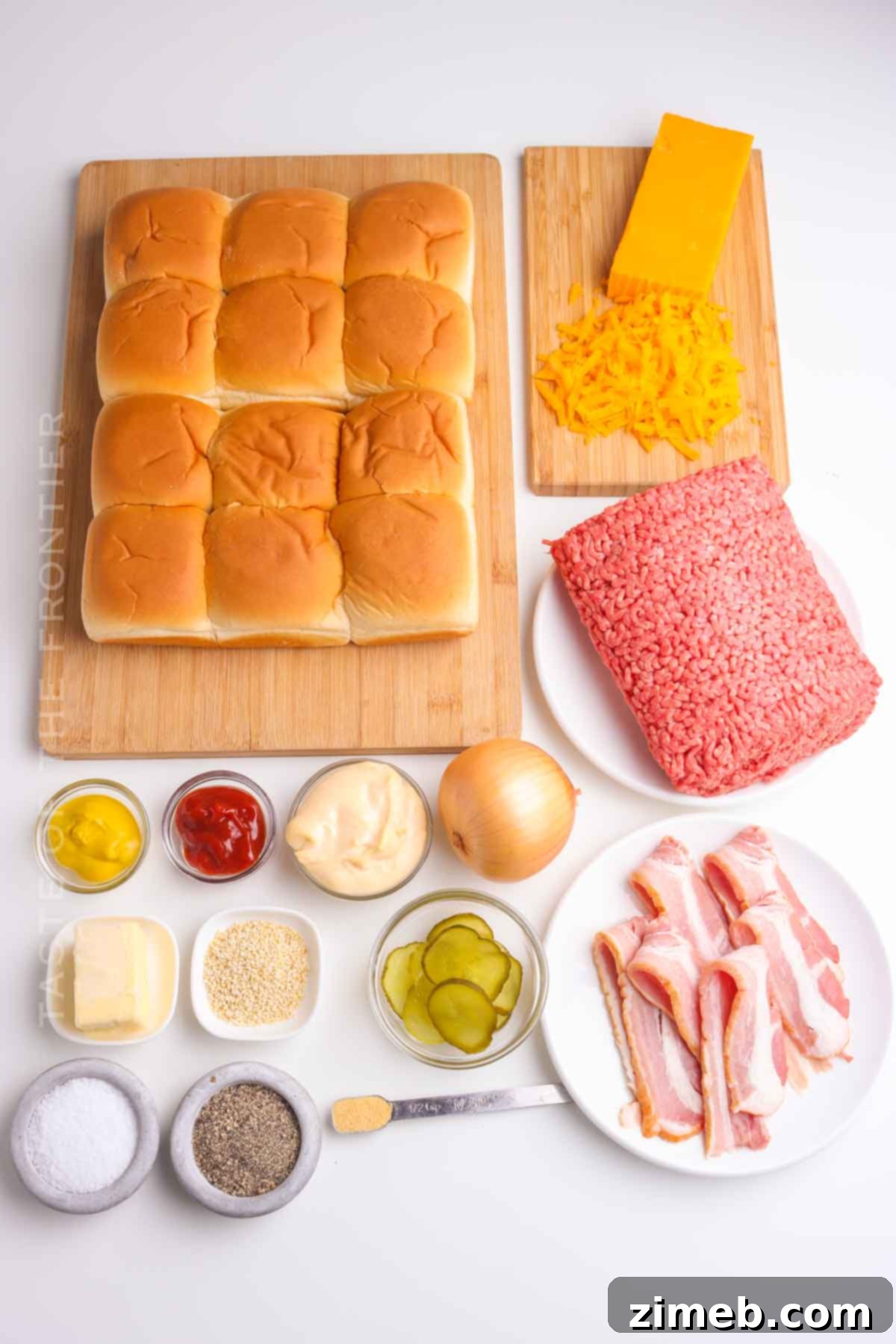 Sweet Hawaiian Cheeseburger Sliders 4 Ingredients for making Cheeseburger Sliders, including ground beef, Hawaiian rolls, and cheese.