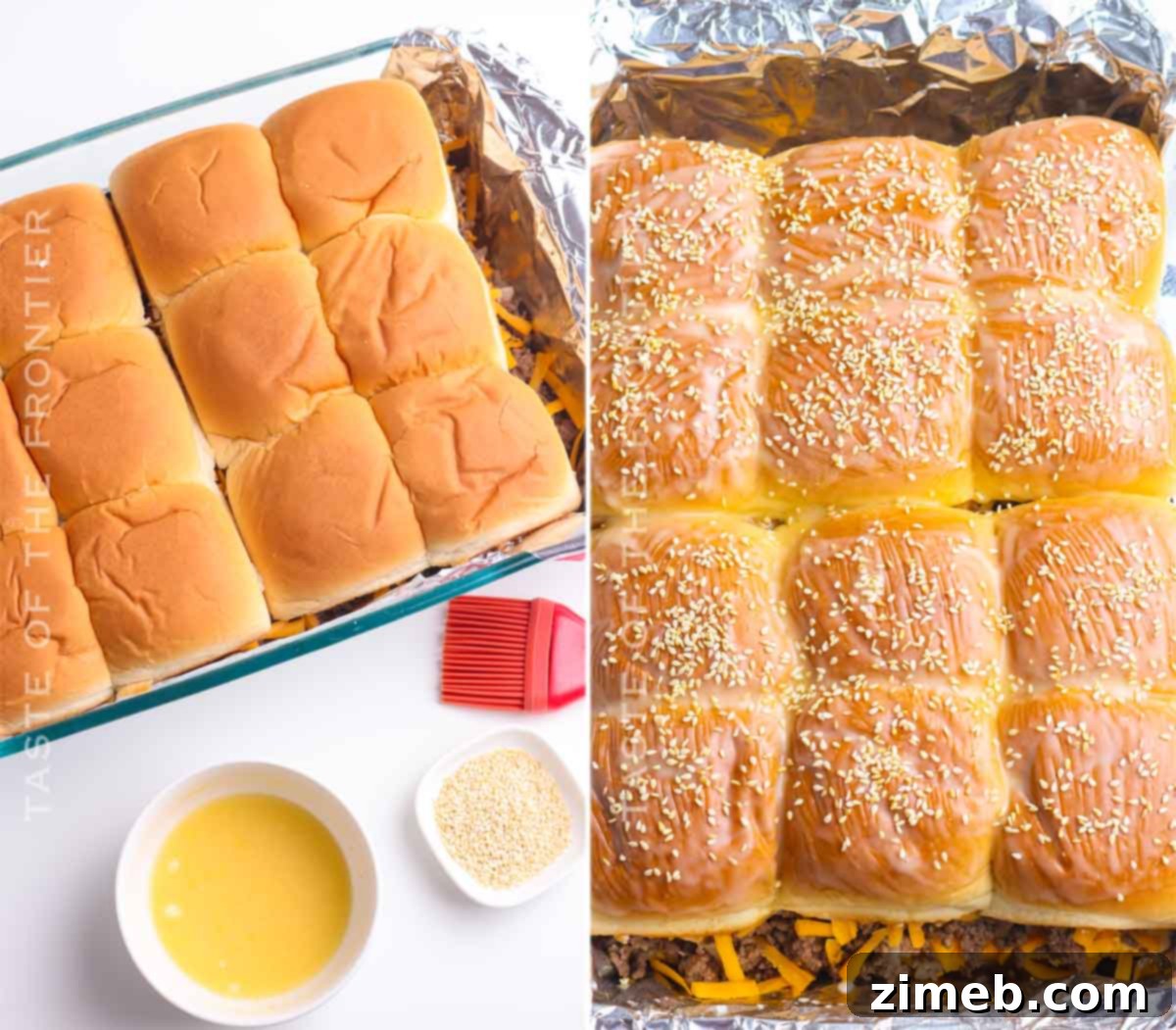 Sweet Hawaiian Cheeseburger Sliders 8 Cheeseburger Sliders baking in the oven, with melted cheese and golden rolls.
