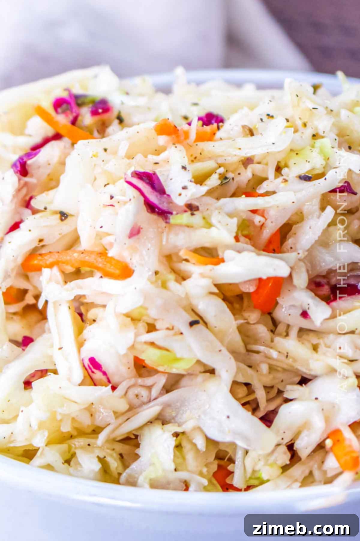 Zesty Red Wine Vinegar Coleslaw 3 Close-up of freshly made Red Wine Vinegar Coleslaw, highlighting its vibrant colors and crunchy texture.