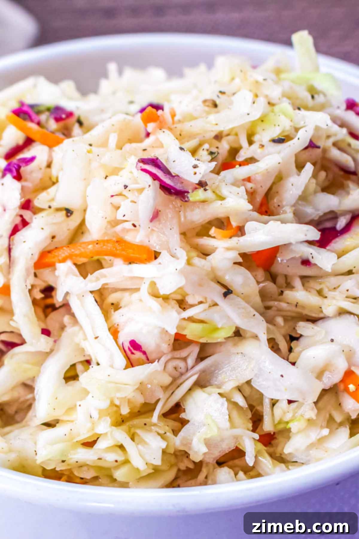 Zesty Red Wine Vinegar Coleslaw 8 Large bowl of Red Wine Vinegar Coleslaw, ready to be served at a gathering.