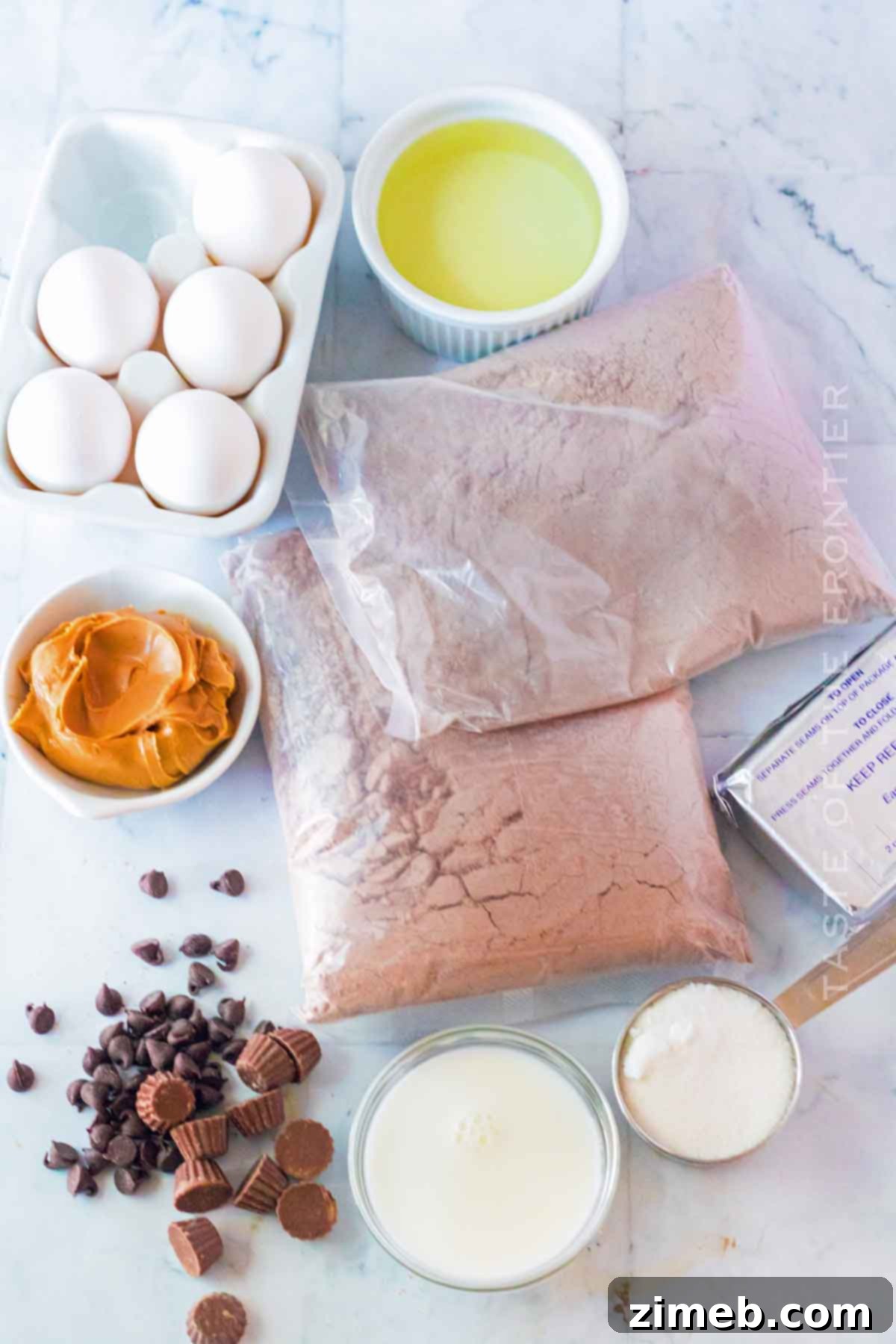 Key ingredients for Peanut Butter Cheesecake Brownie Cake