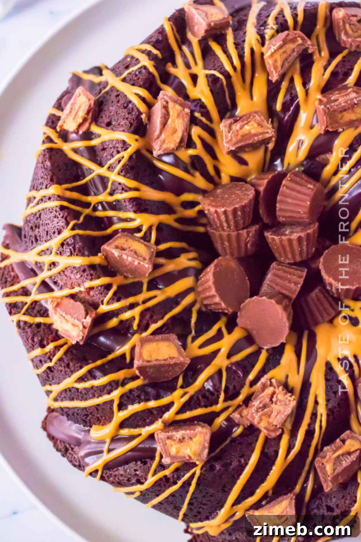 Reese's Peanut Butter Bundt cake with chocolate and peanut butter drizzle
