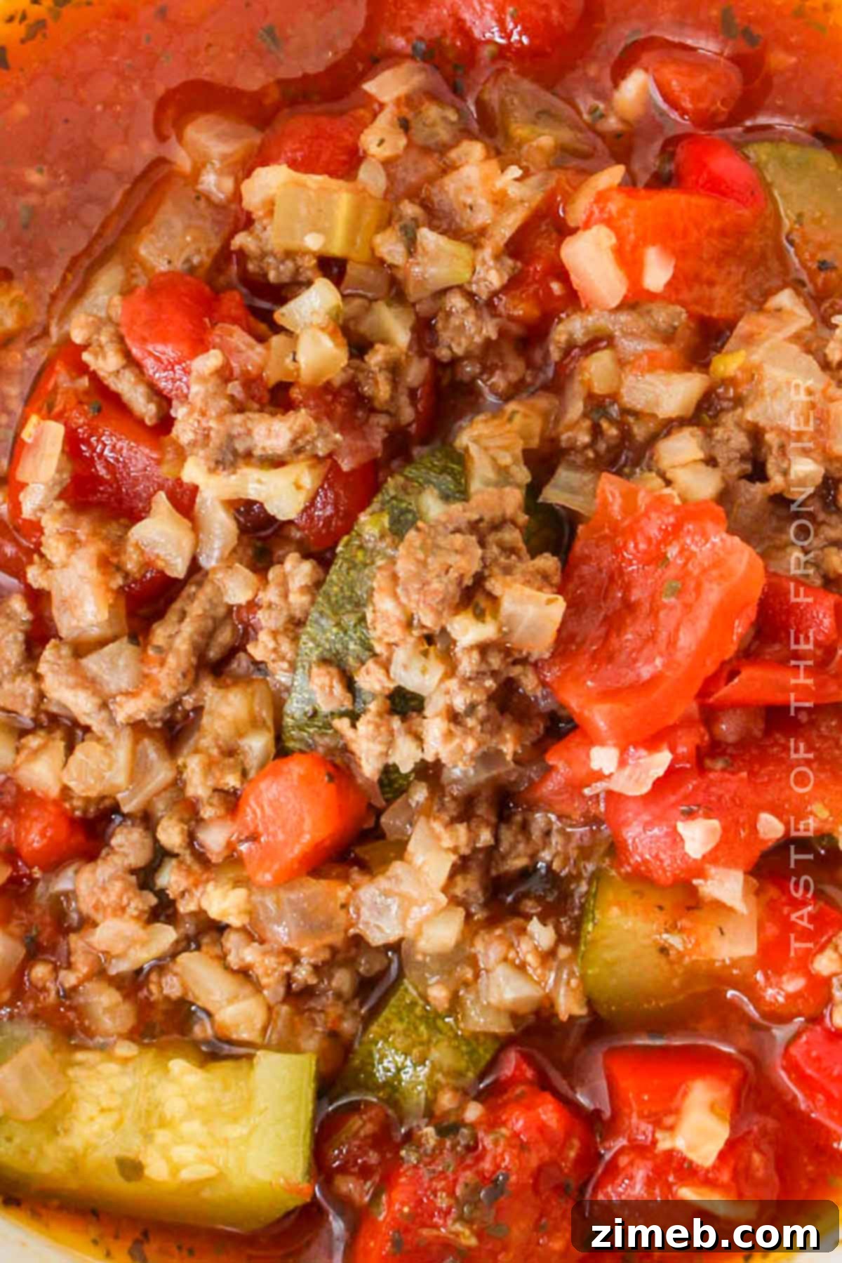 Sausage Zucchini Soup in a slow cooker, ready to serve