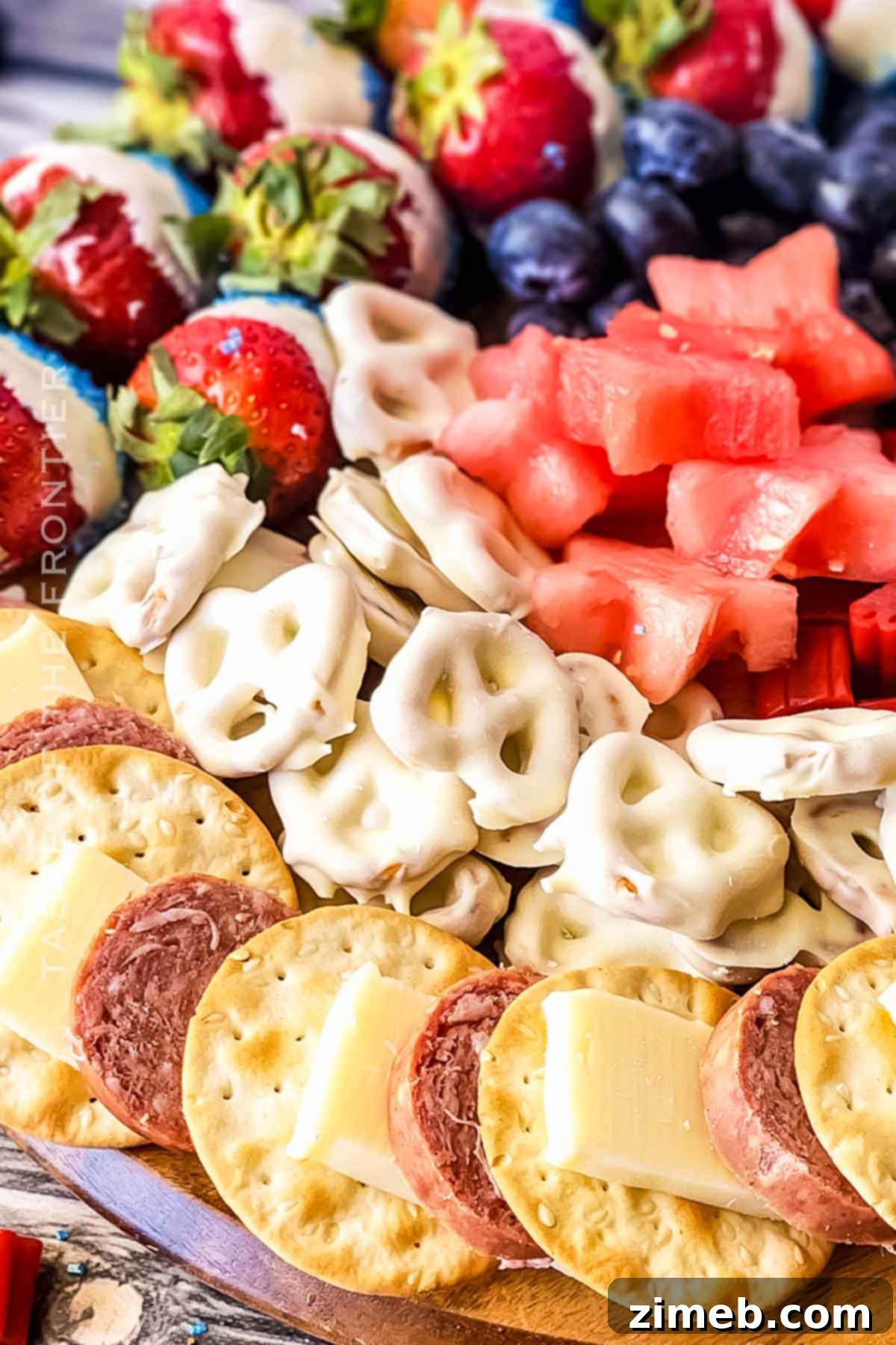 Patriotic Charcuterie Board 15 Party food with a summer theme, including a patriotic charcuterie board