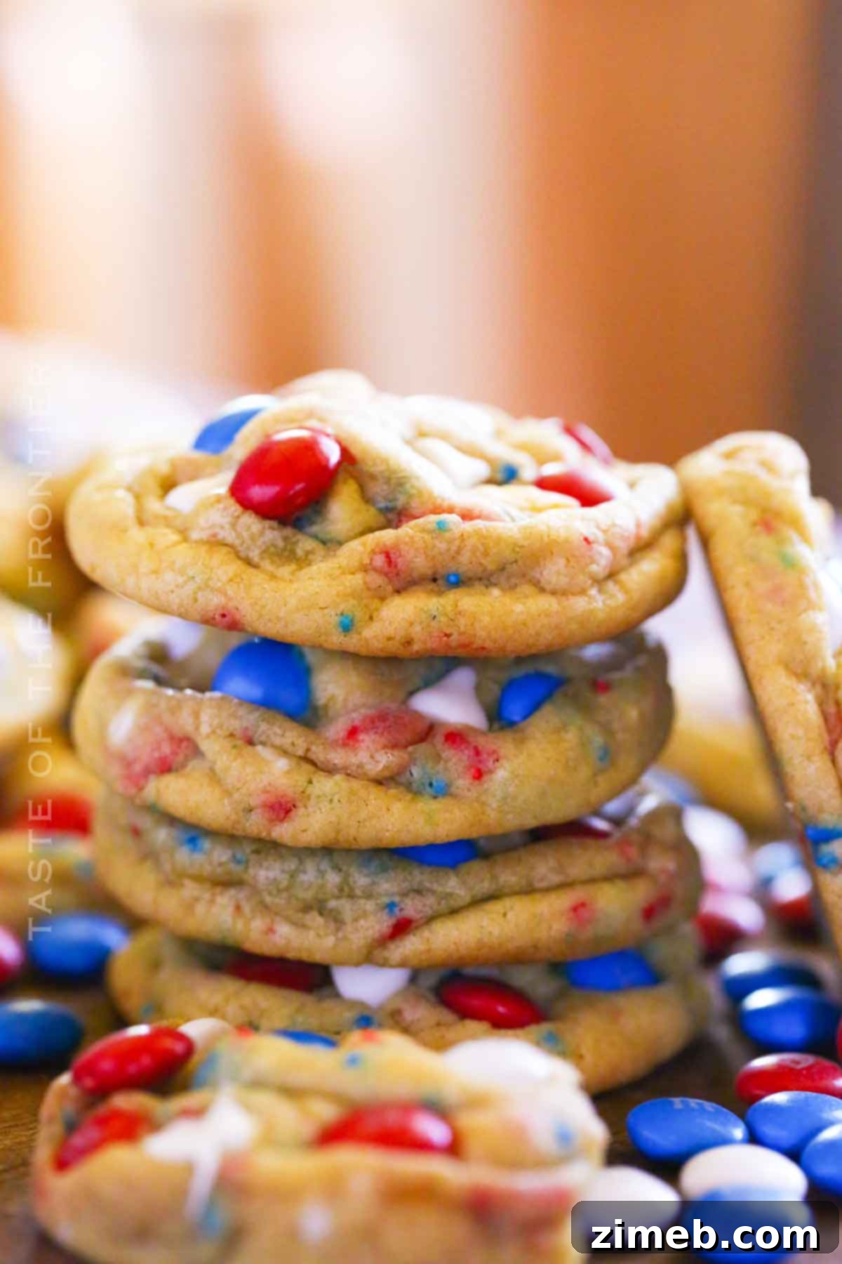 Patriotic Cookie Delights 3 Stack of patriotic cookies with red, white, and blue sprinkles and M&M's
