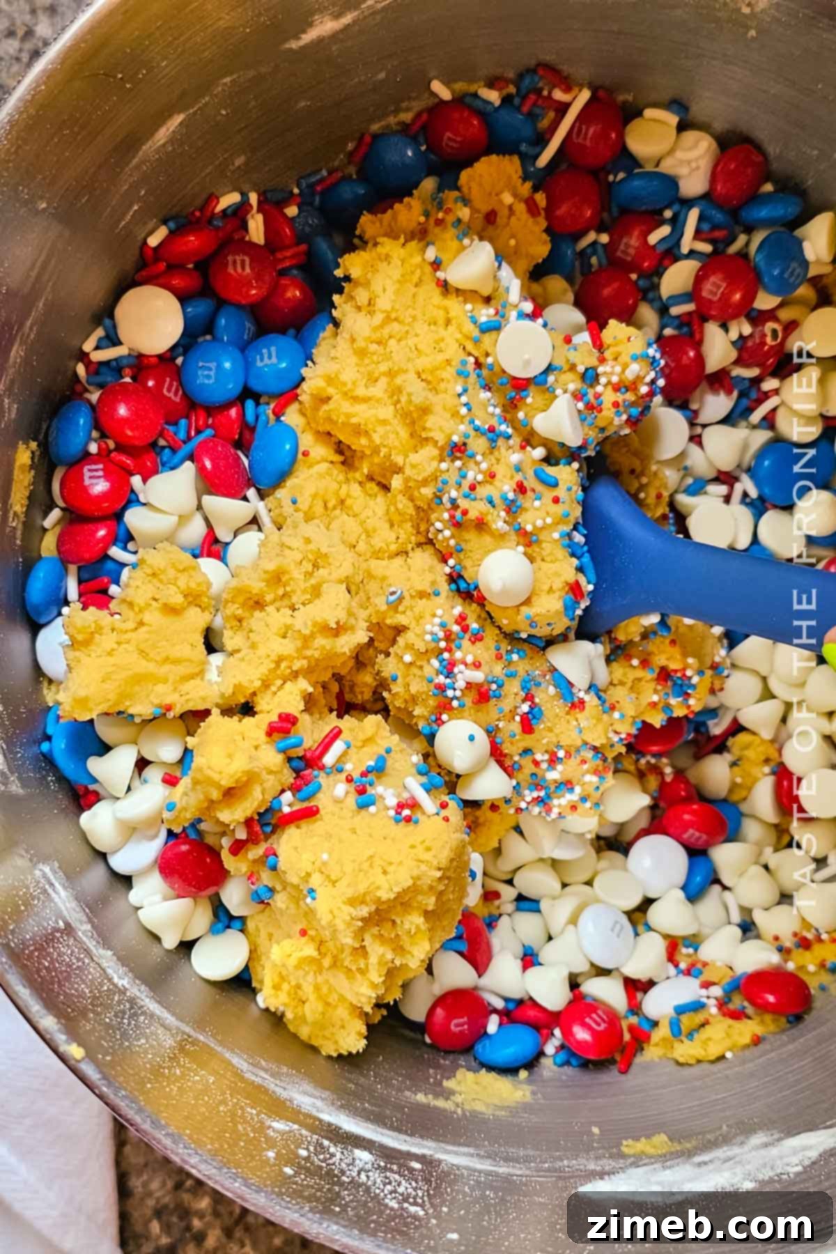 Patriotic Cookie Delights 5 Step-by-step process of making 4th of July Cookies, showing dough mixing