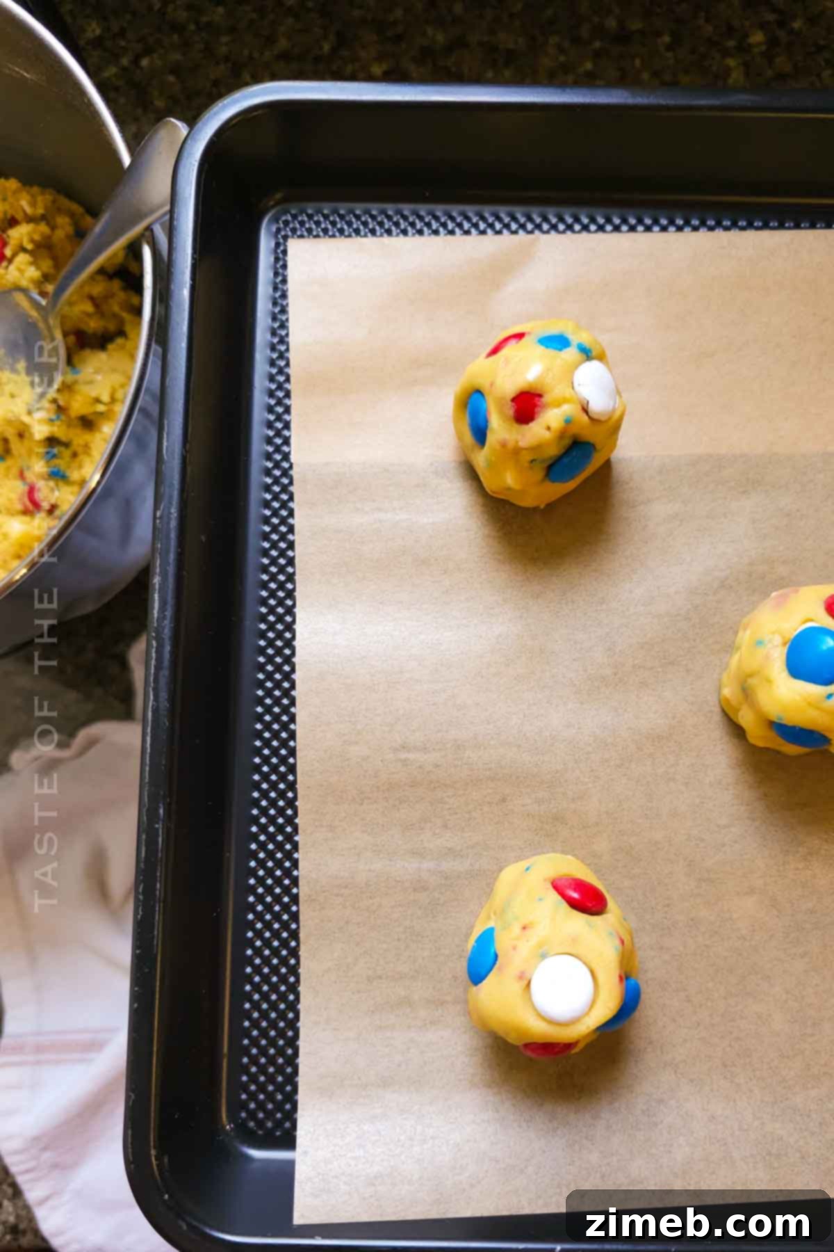 Patriotic Cookie Delights 6 Close-up of patriotic cookie dough with M&M's, indicating no chill time