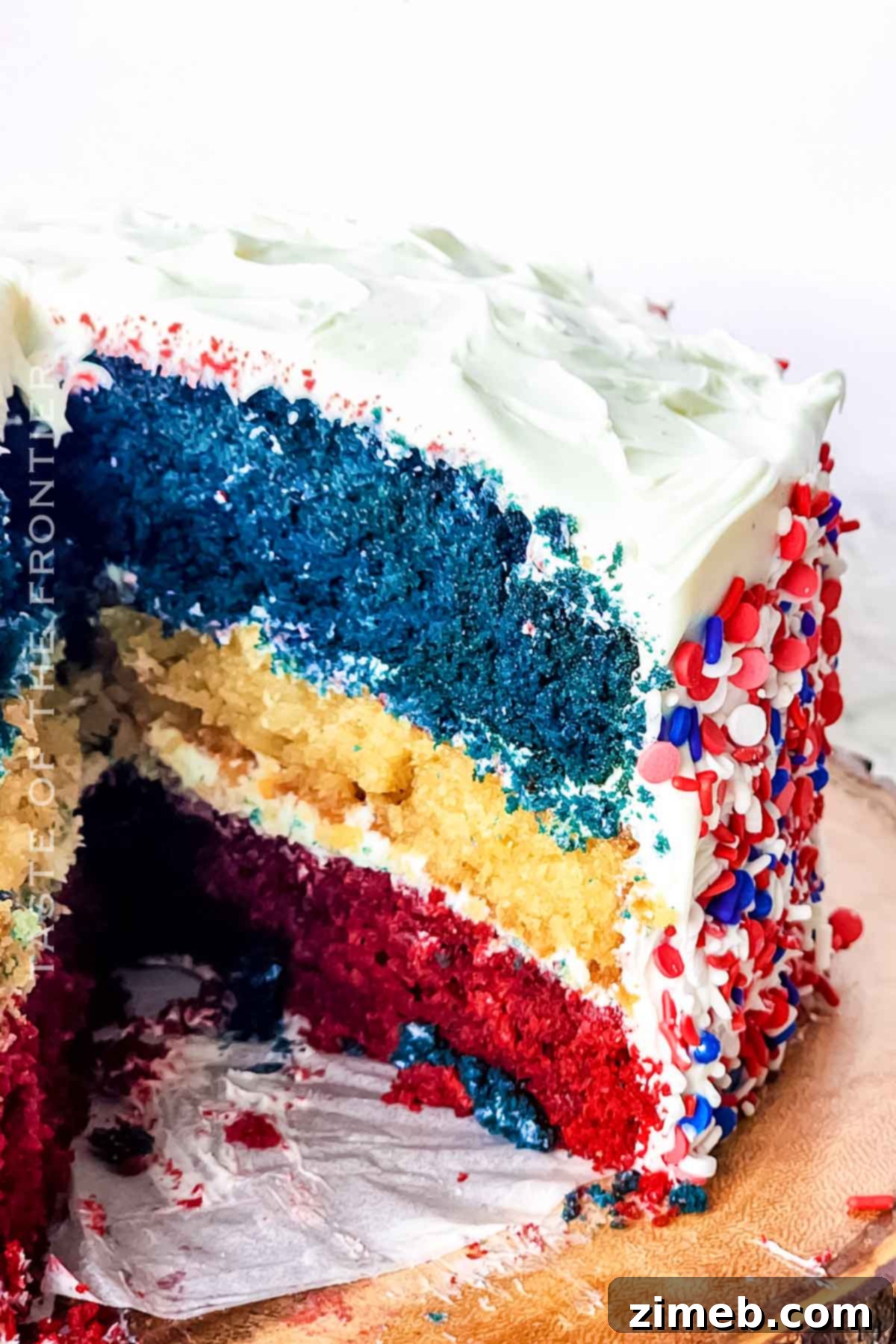 Festive Tri-Color Delight 2 Red White and Blue Cake with cream cheese frosting and sprinkles