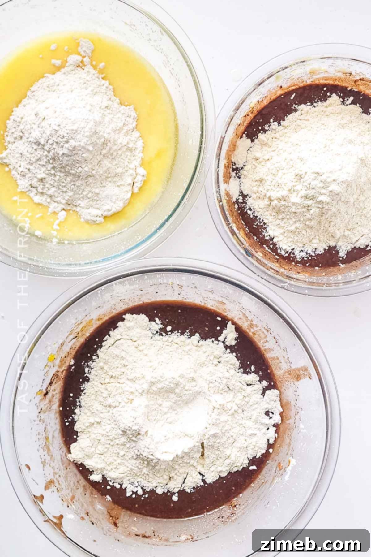Festive Tri-Color Delight 5 velvet cake batter for 3-layer cake in bowls