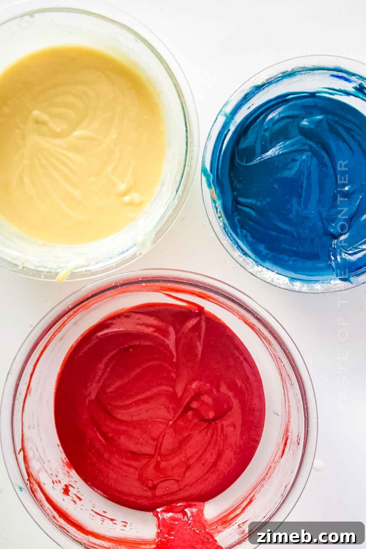 Festive Tri-Color Delight 6 how to make Red White and Blue Cake, showing batter in pans