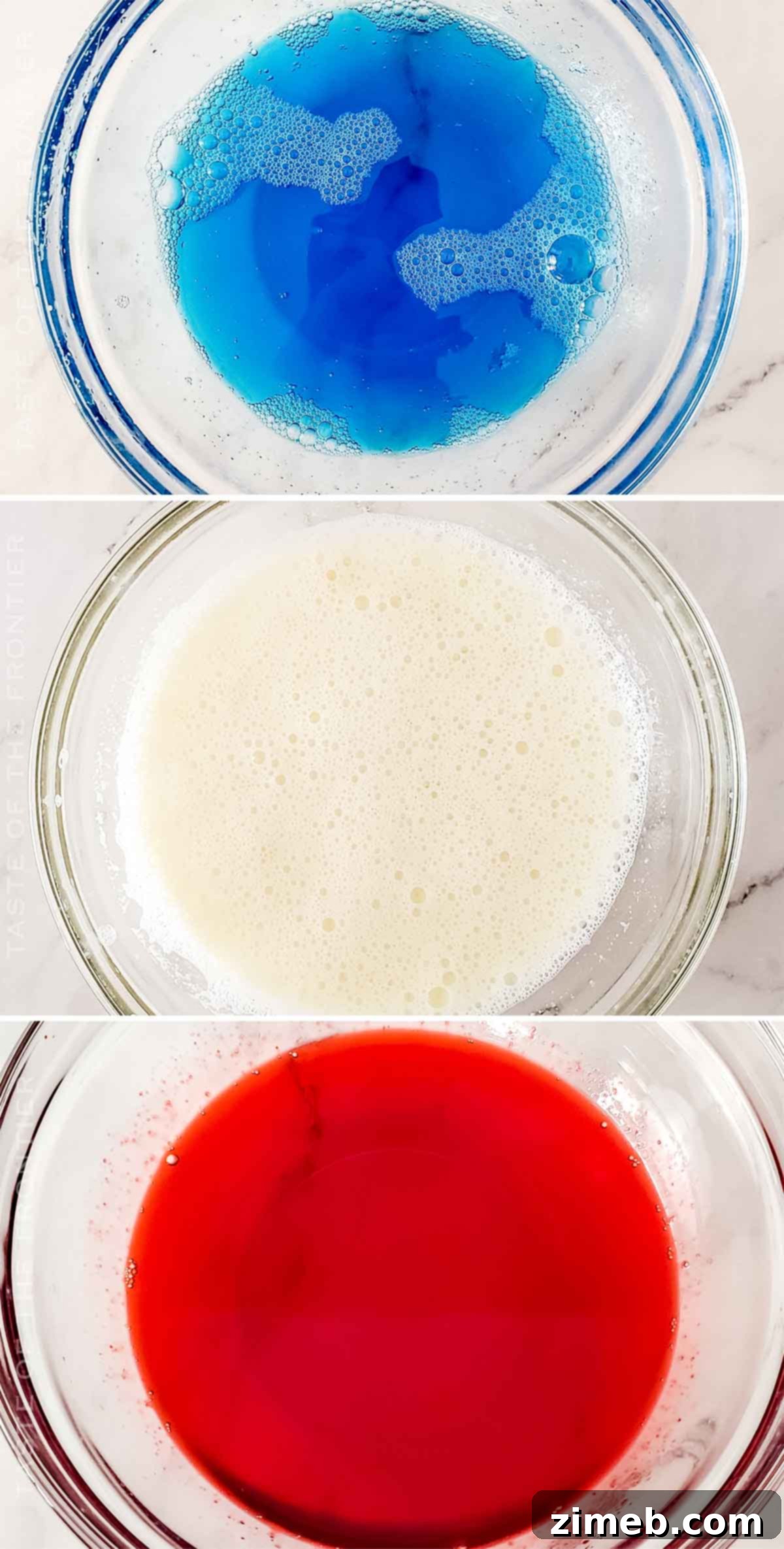 Step-by-step process of layering Bomb Pop Jello Shots: blue, then white, then red.