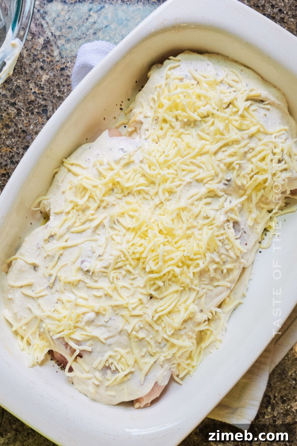Creamy Mushroom Chicken 6 Cream of Mushroom Chicken ready to bake in a casserole dish.