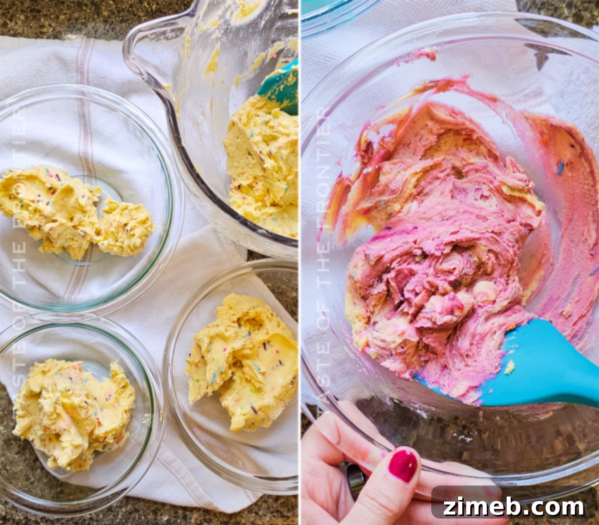 Hands tinting cookie dough with vibrant food coloring for Unicorn Cookies.