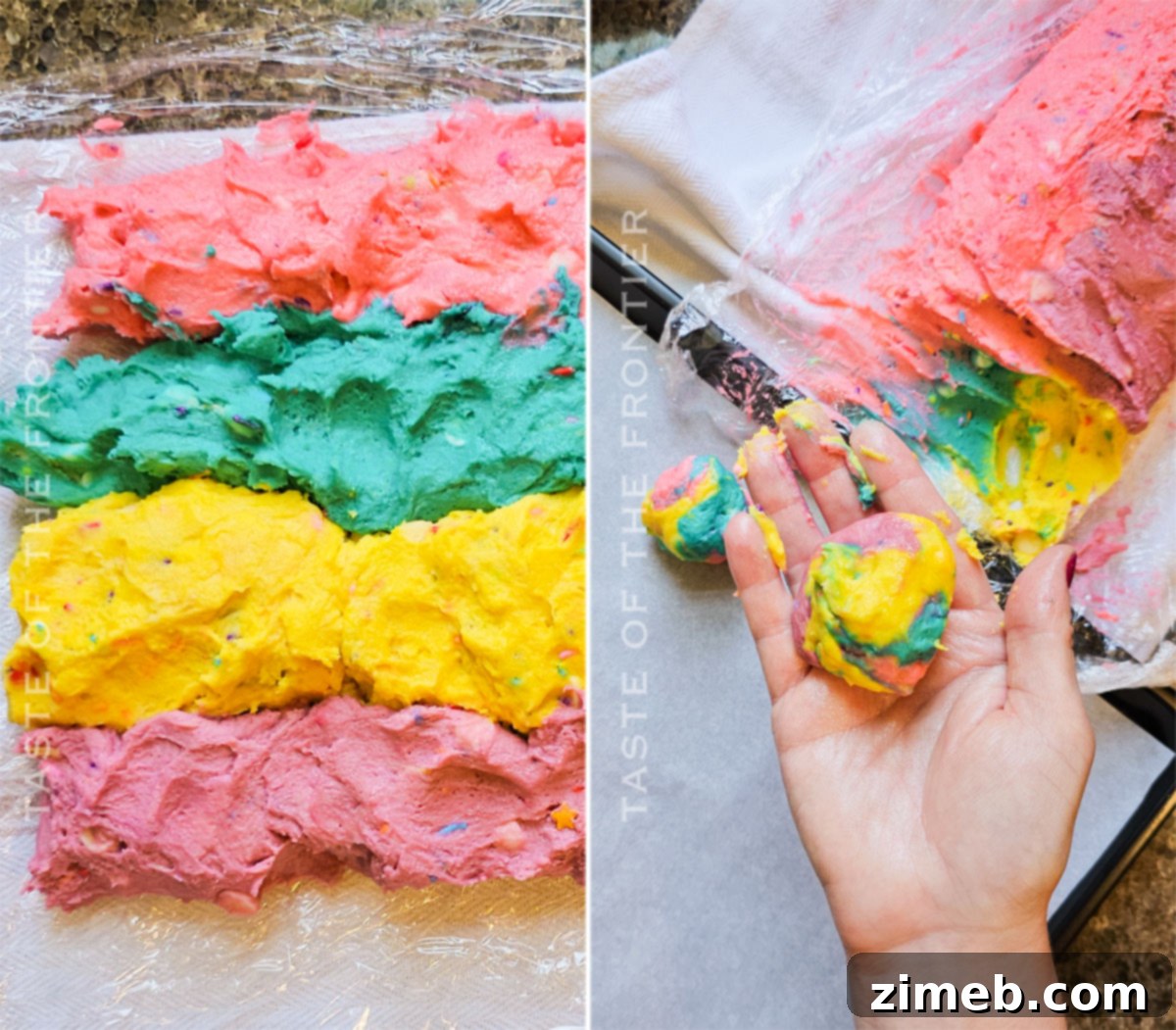 Close-up of creating a marbled color cookie dough for Unicorn Cookies.