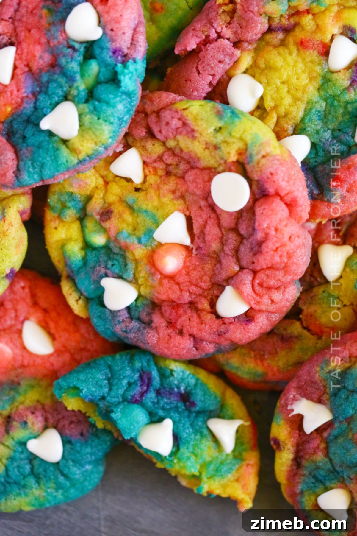 Baked Unicorn Cookies topped with white chocolate chips, ready to enjoy.