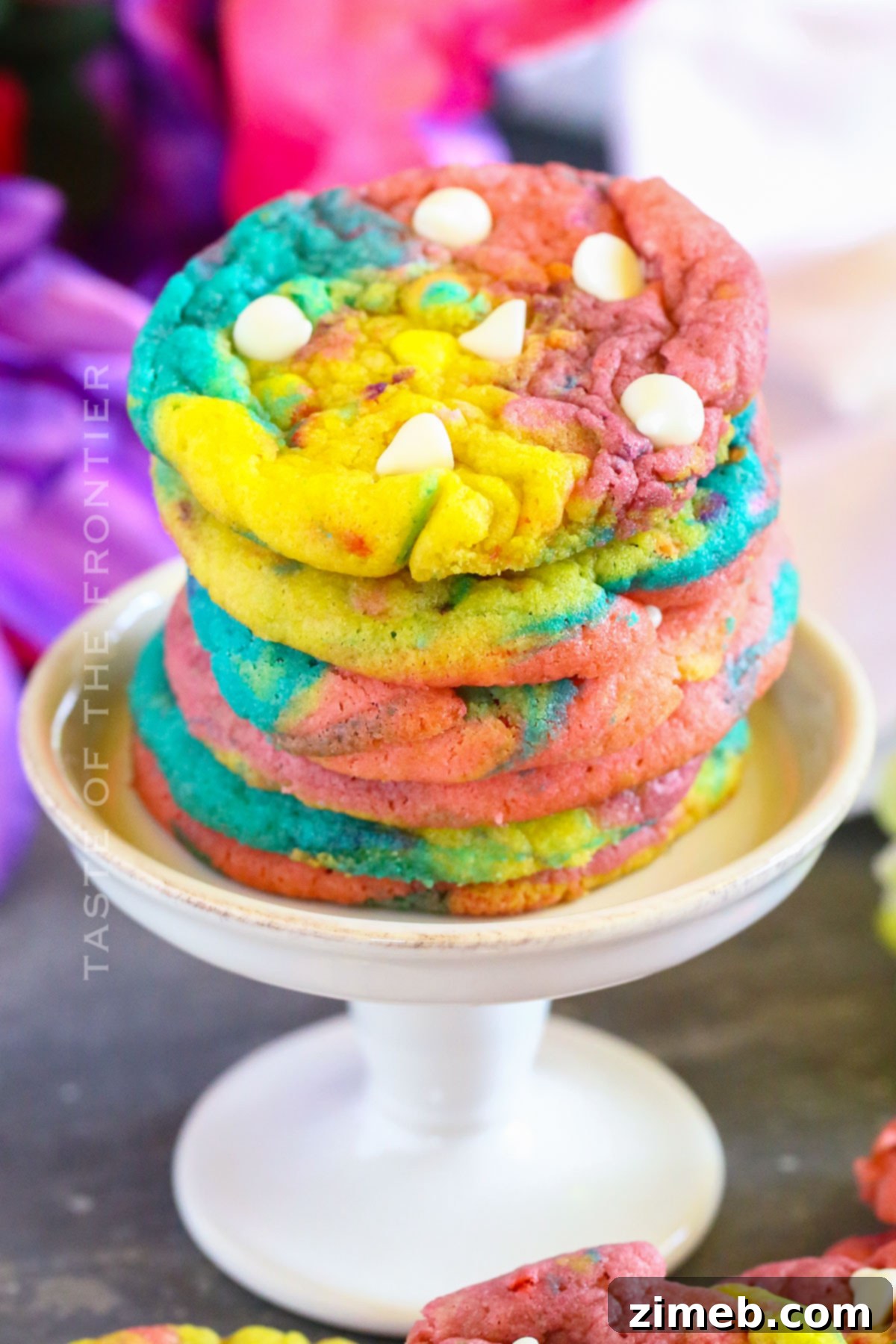A stack of vibrant, colorful Unicorn Cookies with a marbled pattern.