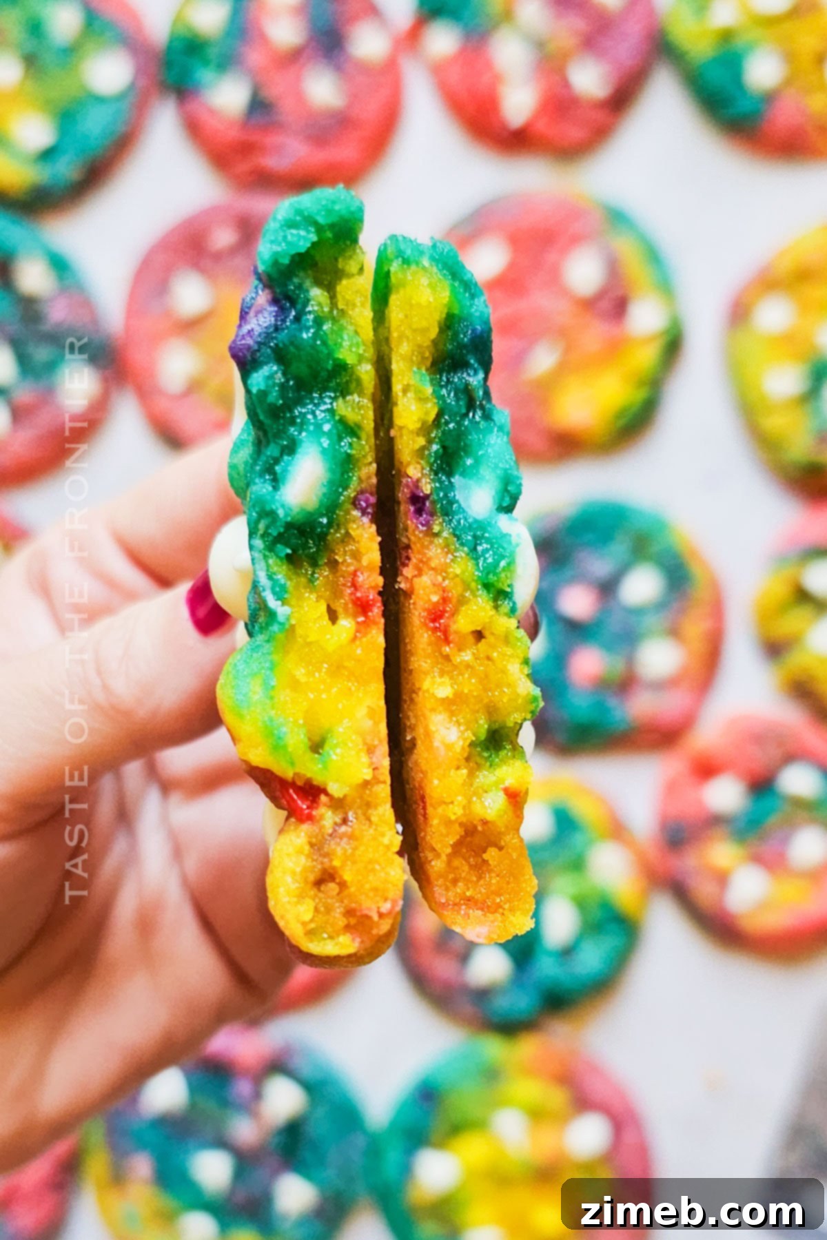 Close-up of the inside of a Unicorn Cookie, revealing vibrant marbled colors.