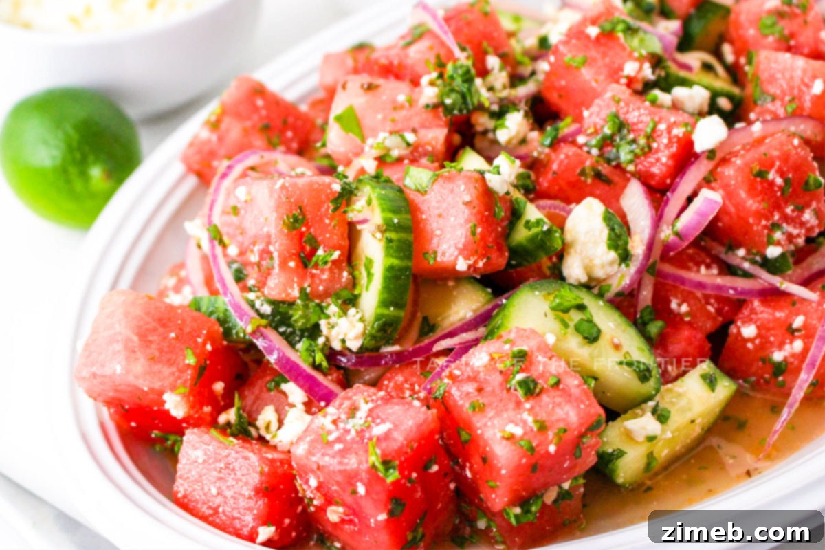 A smaller serving of watermelon salad, highlighting its refreshing appeal as an easy summer side dish.