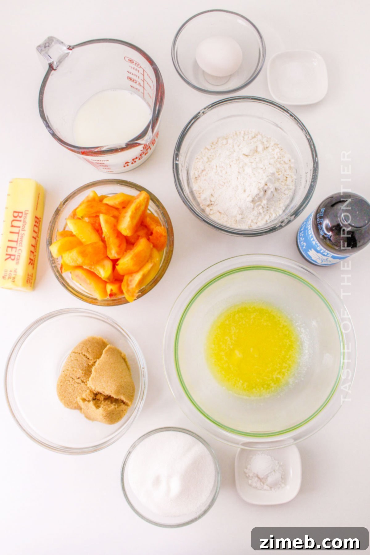 Old Fashioned Peach Cake ingredients on a rustic table