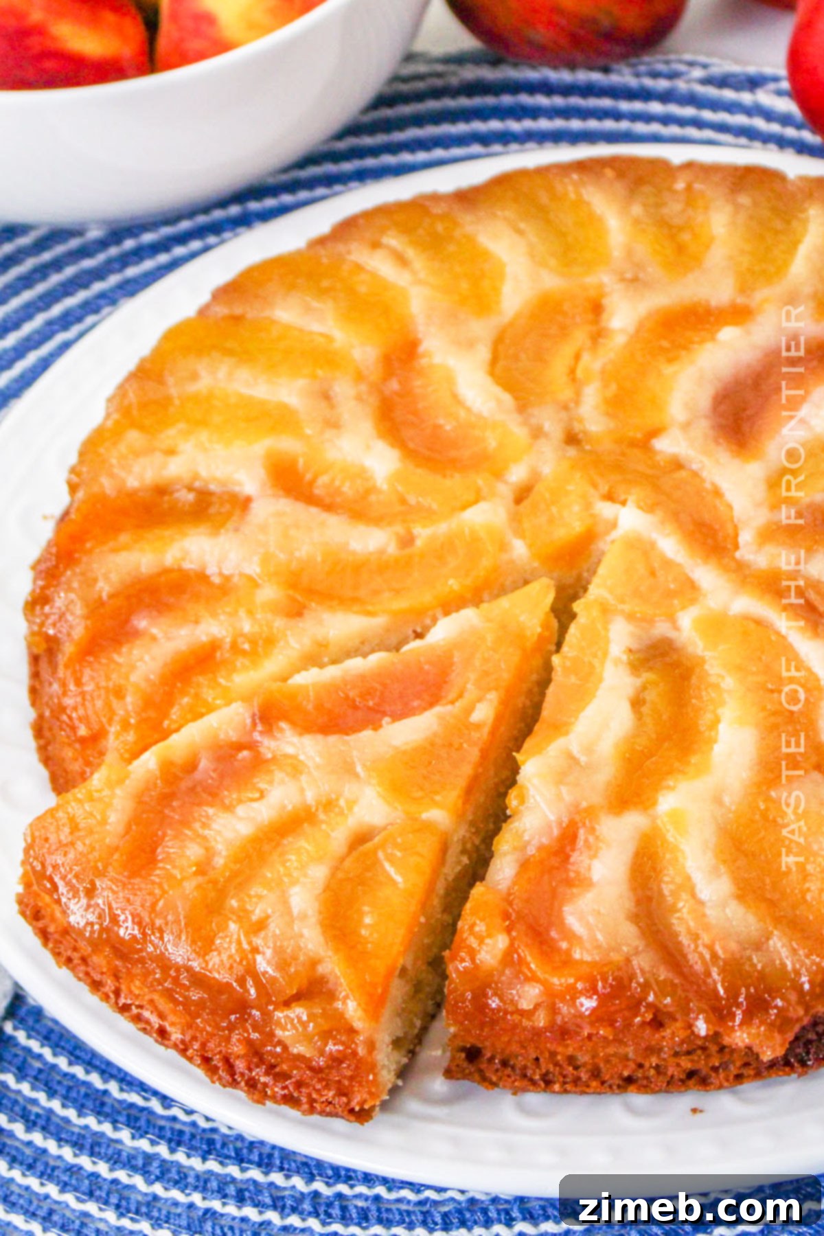 summer peach cake with a slice removed