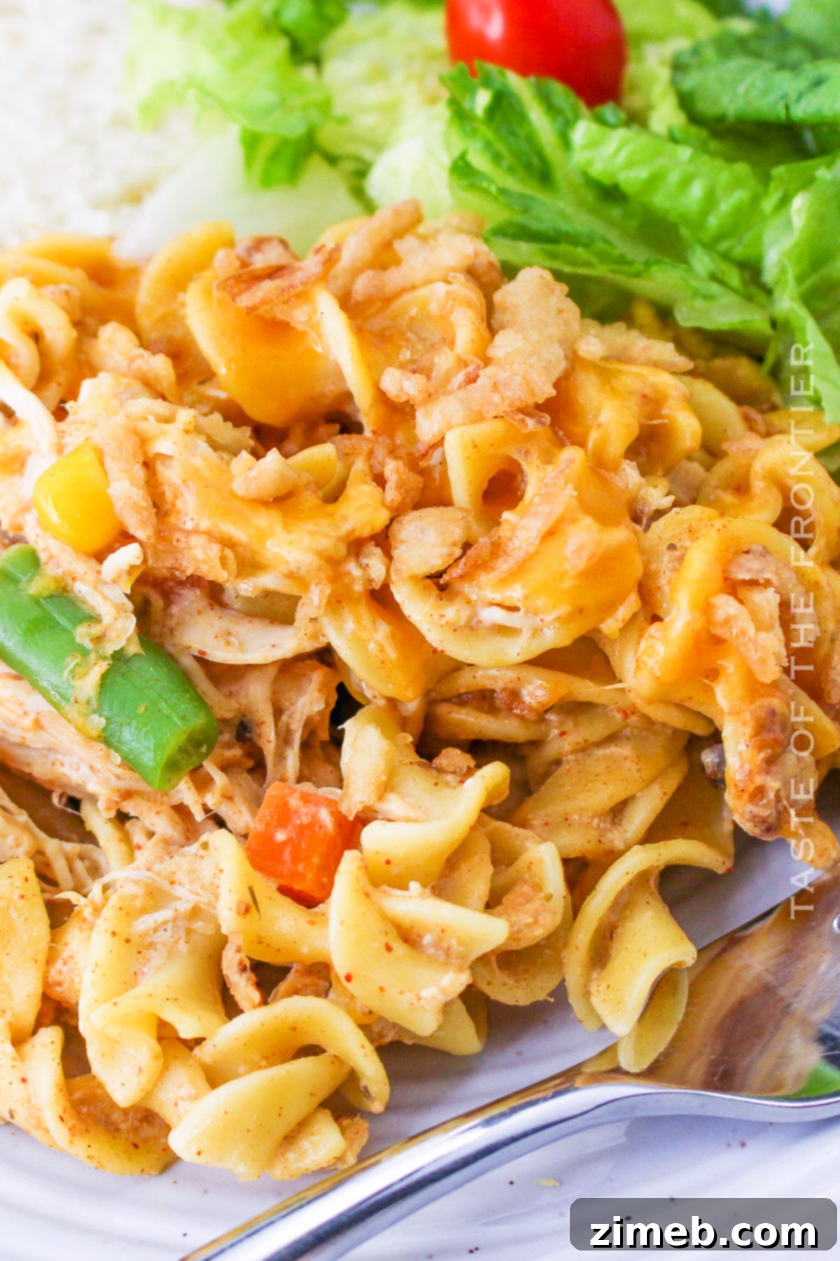 Creamy Slow Cooker Chicken Pasta 8 Platter of pasta noodles with shredded chicken and creamy sauce