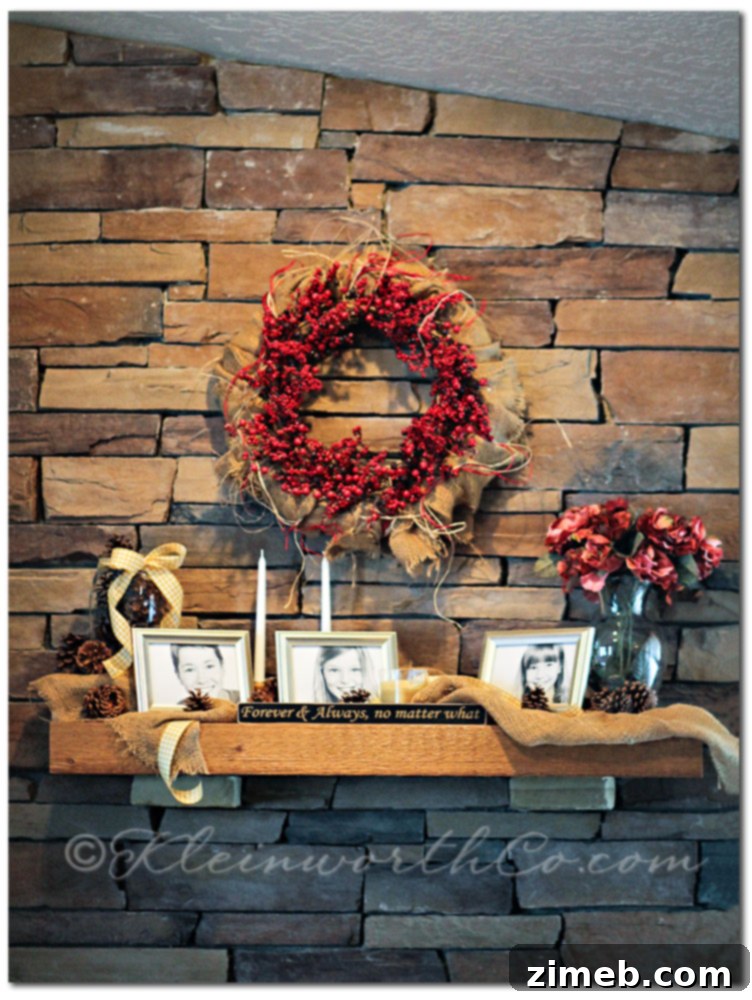 Rustic Winter Mantle Featuring Ribbon and Pinecone Vase Elevated by Wood Basket