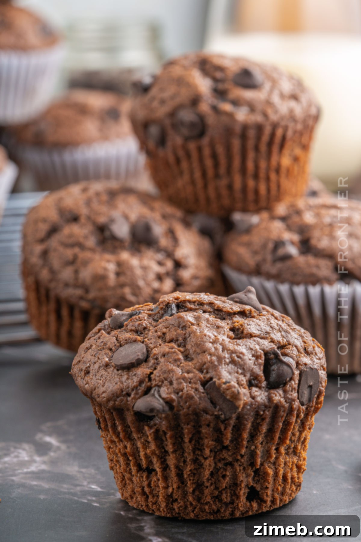 Close-up of a Double Chocolate Muffin with melted chocolate chips.