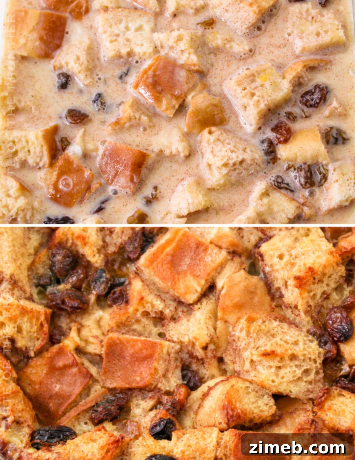 Warm Bread Pudding Drizzled with Vanilla Cream 7 before and after baking
