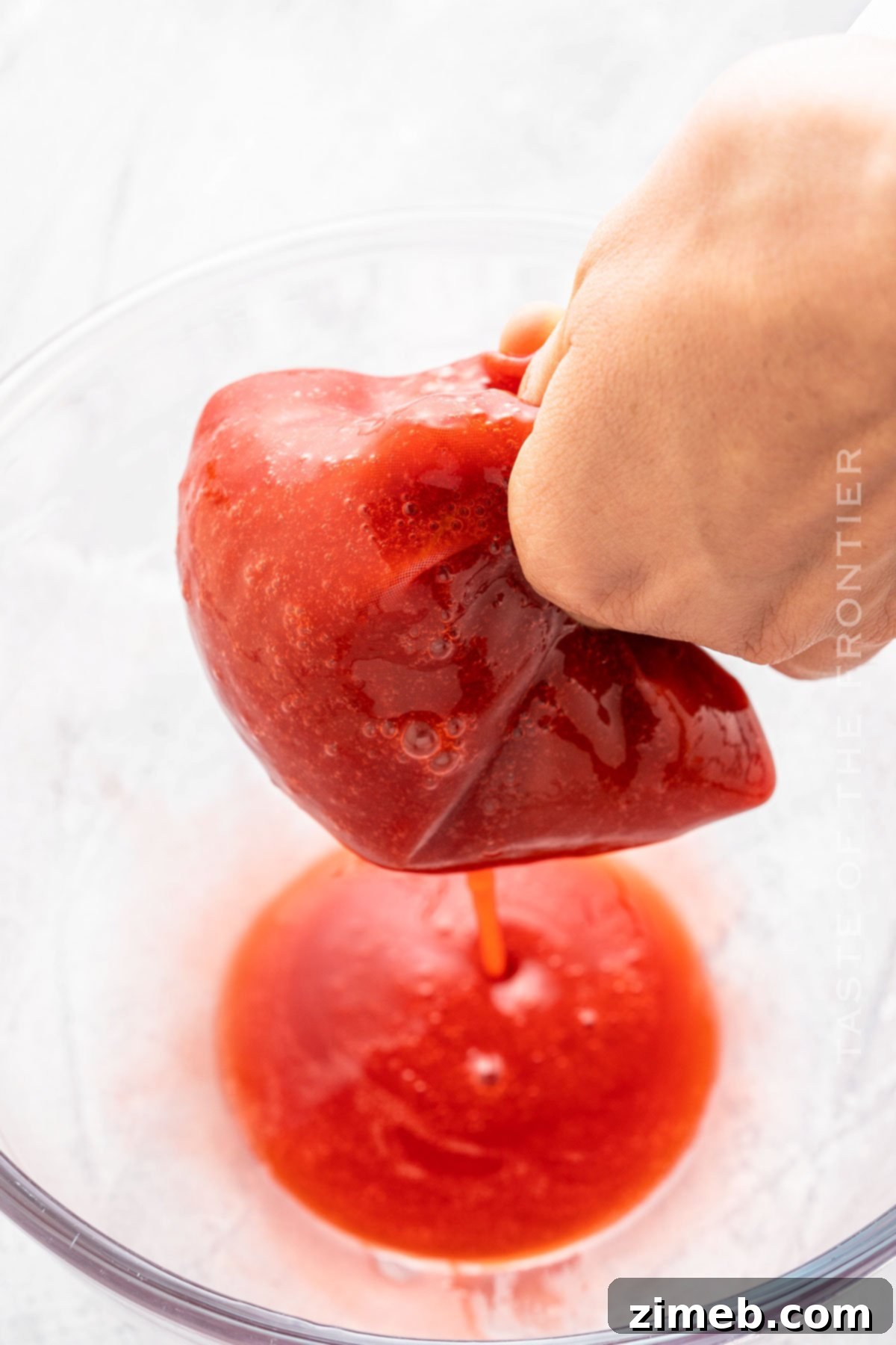 Straining the strawberry mixture for clear keto gummies