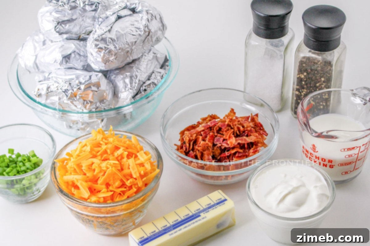 Ingredients for Easy Potato Casserole, including russet potatoes, bacon, and cheese.