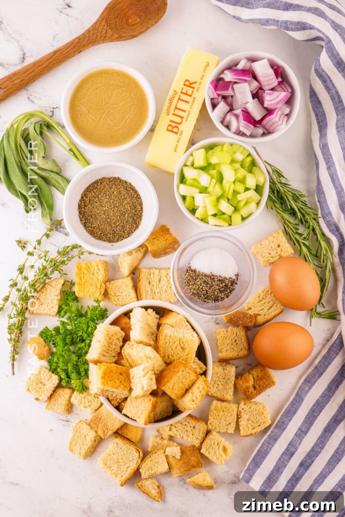 Aromatic Smoked Stuffing 4 Smoked Stuffing ingredients laid out