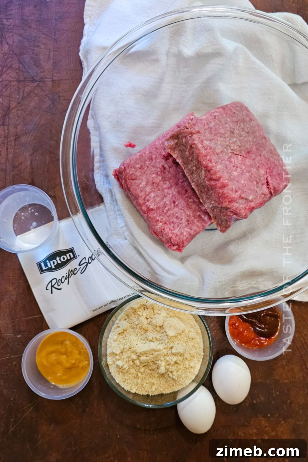 Lipton Onion Soup Meatloaf ingredients arranged