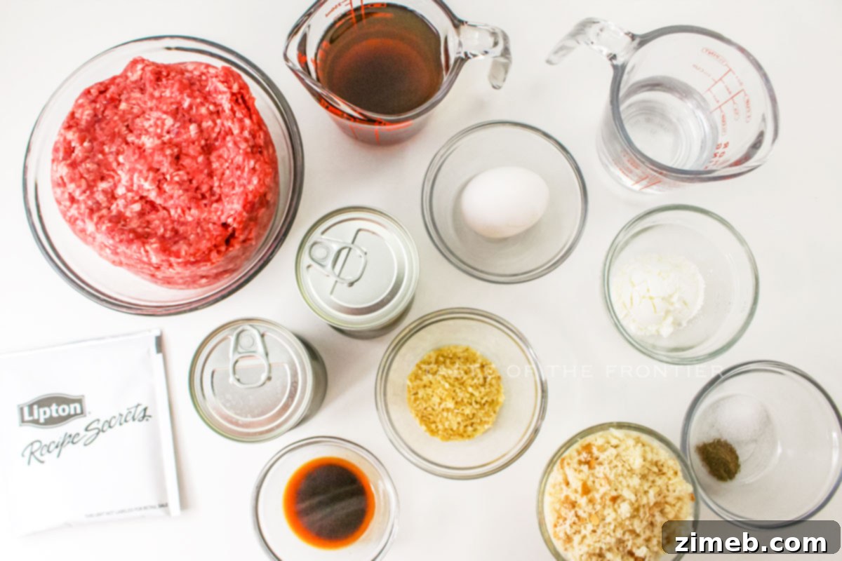 Tender Slow Cooker Cube Steak 4 Crock Pot Cubed Steak ingredients laid out on a counter, showing lean ground beef, bread crumbs, soups, and seasonings.