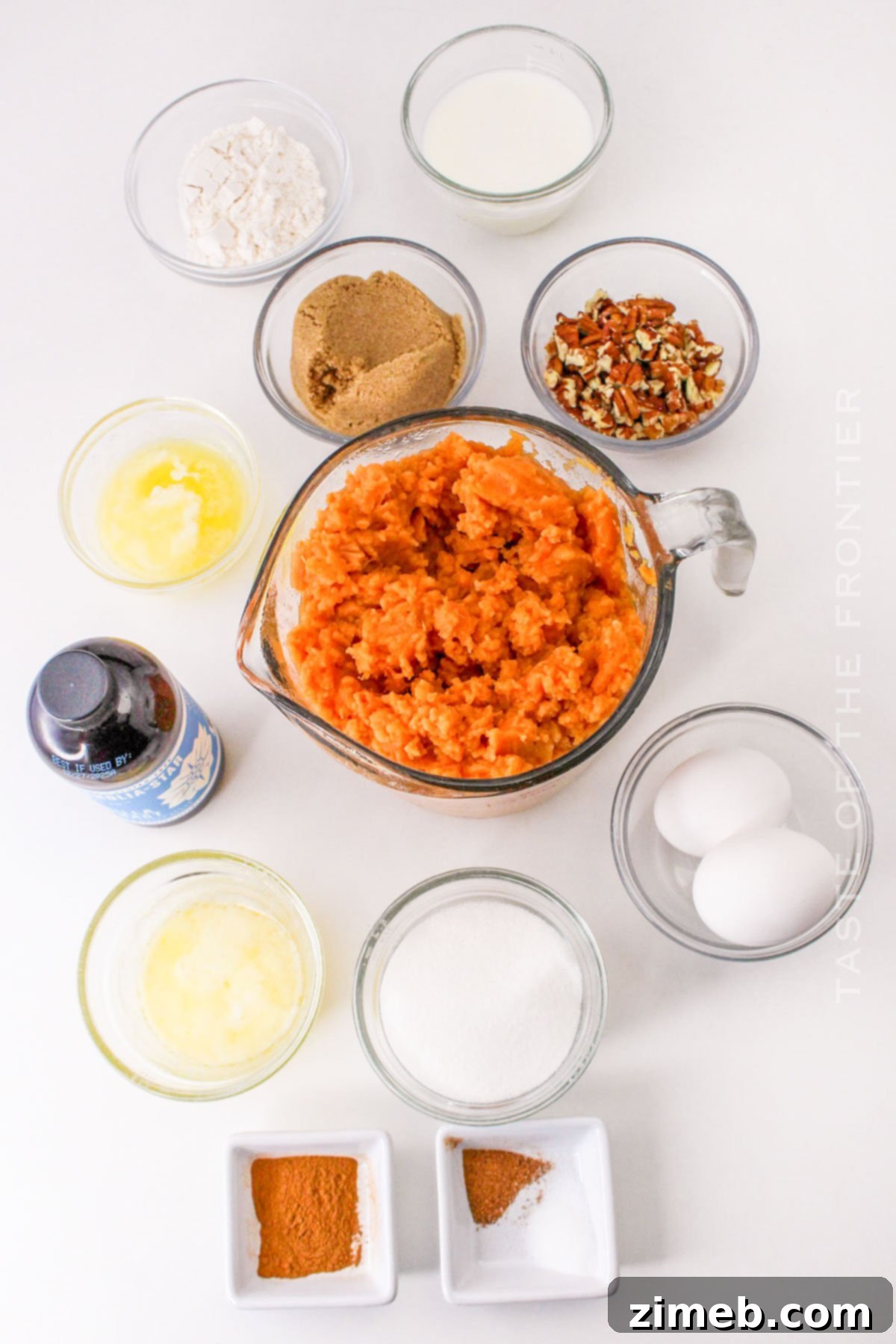 Ingredients for Ruth’s Chris Sweet Potato Casserole, including sweet potatoes, sugar, butter, eggs, and pecans