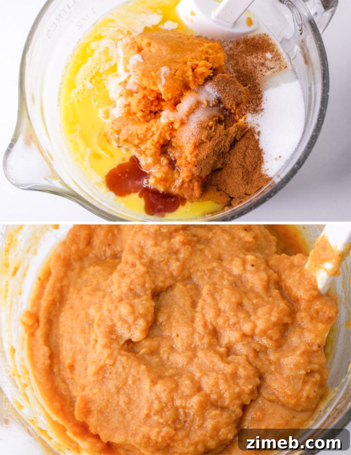 Steps to make Ruth’s Chris Sweet Potato Casserole, including mixing ingredients