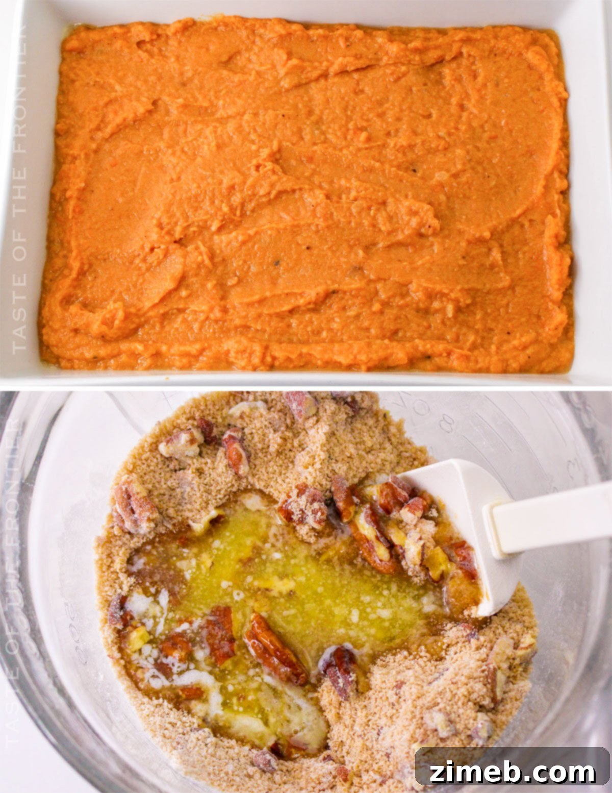 Adding the crunchy pecan topping to the sweet potato casserole mixture