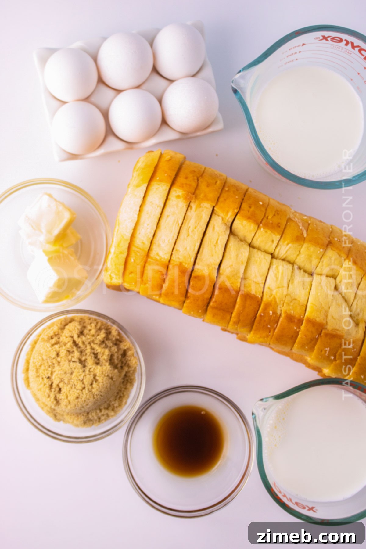 Decadent Caramel French Toast 4 Ingredients for Caramel French Toast laid out on a table.