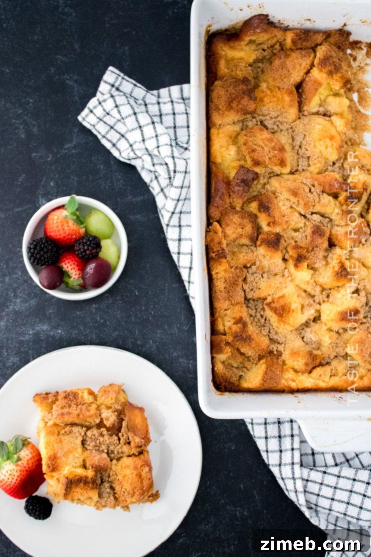 Decadent Caramel French Toast 7 Baked overnight breakfast casserole in a baking dish, ready to serve.