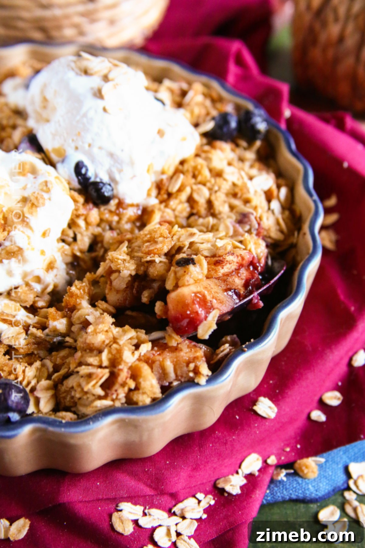 Apple and Blueberry Crisp - a close-up of the delicious golden-brown topping.