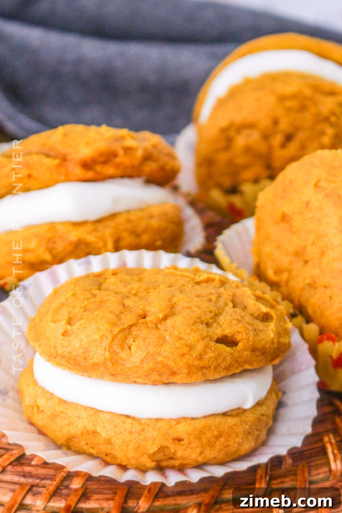 Soft & Spiced Pumpkin Whoopie Pies 3 pumpkin sandwich cookies