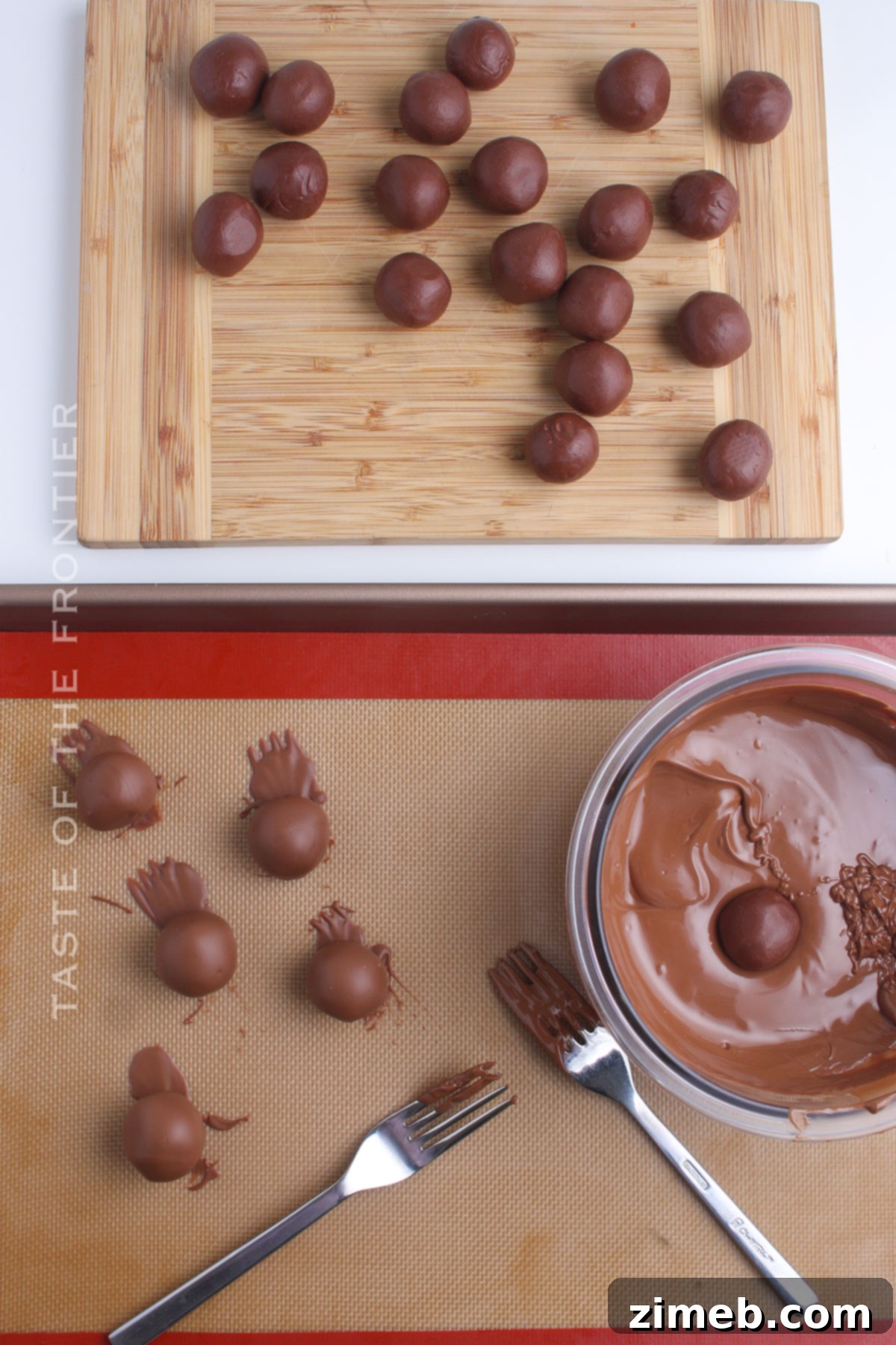 Adding the final chocolate coating to homemade caramel truffles