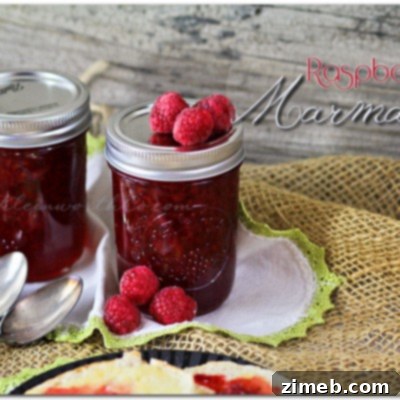 A closer look at the homemade Raspberry Marmalade, showing its rich texture and color.