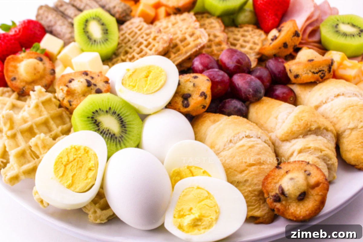 Assembling the breakfast items on a charcuterie board