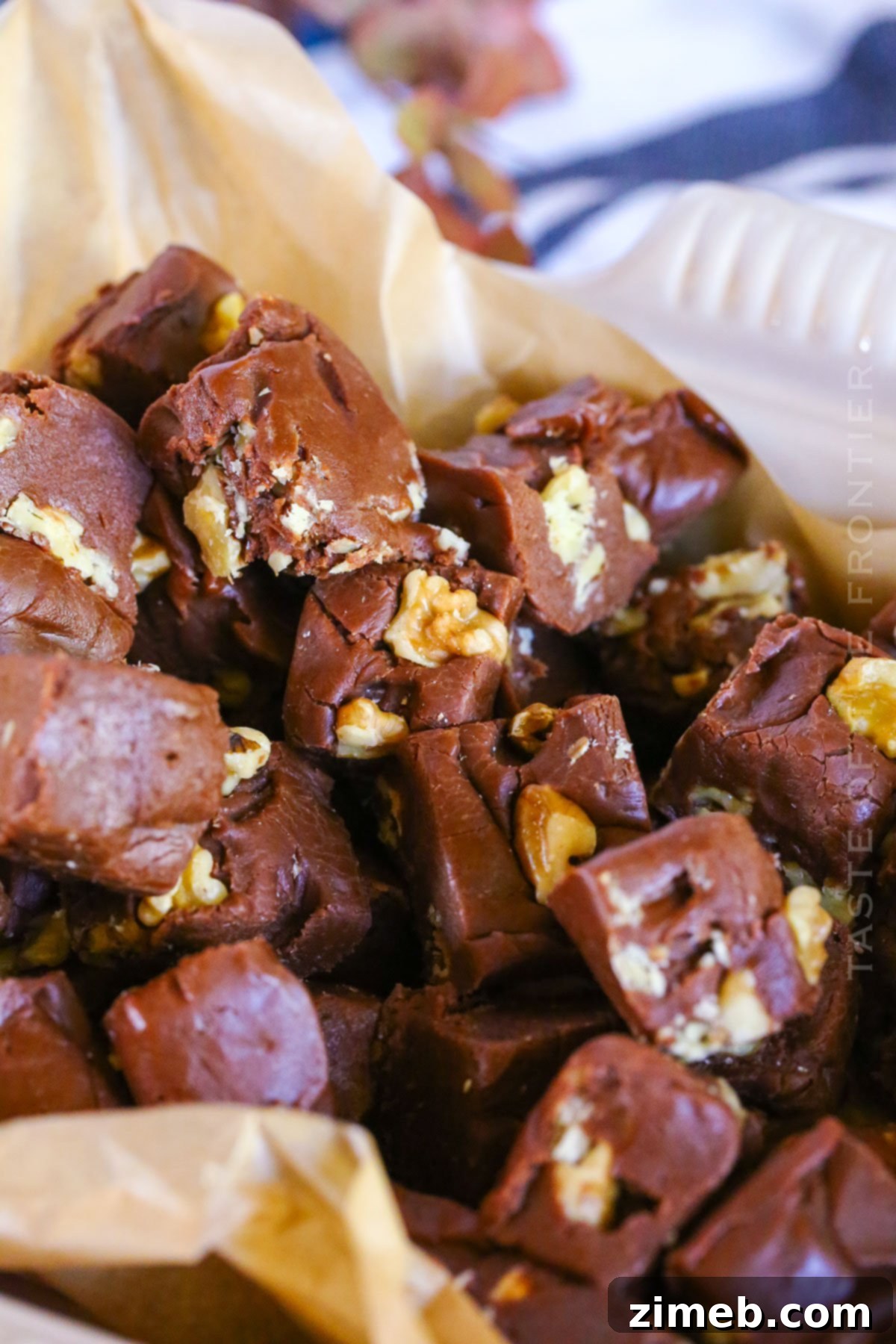 Surprisingly Delicious Velveeta Fudge 15 A large platter of Velveeta Fudge squares, an easy fudge recipe, ready to be enjoyed.