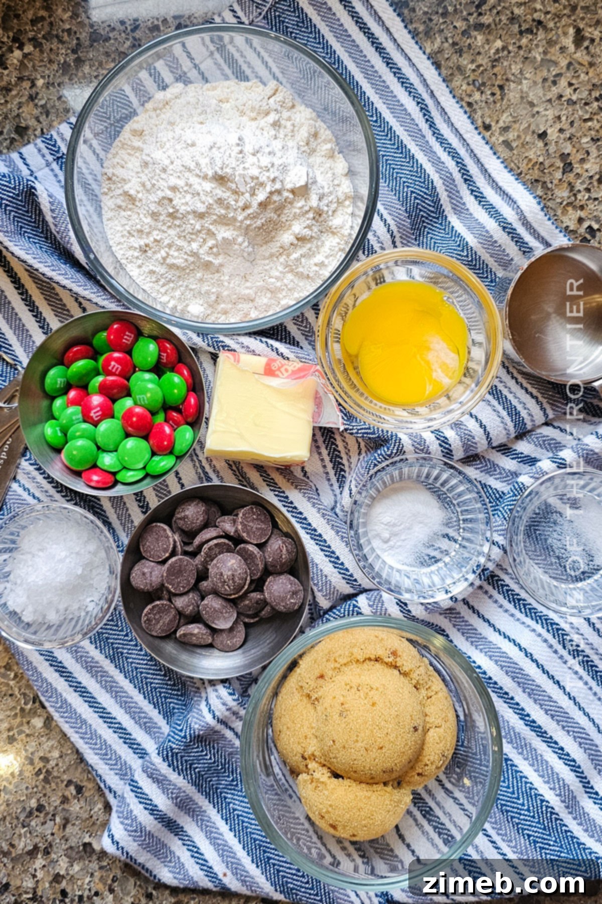 Ingredients for Christmas Chocolate Chip Cookies laid out on a counter